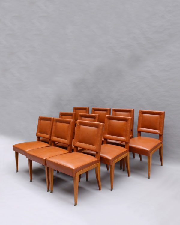 Rare Set of 10 Leather and Mahogany Chairs by Jacques Quinet - Image 3