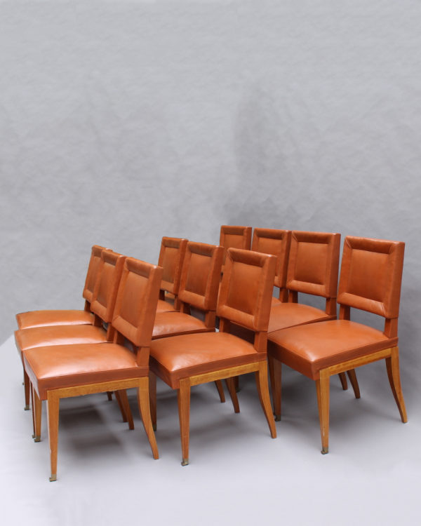 Rare Set of 10 Leather and Mahogany Chairs by Jacques Quinet - Image 4