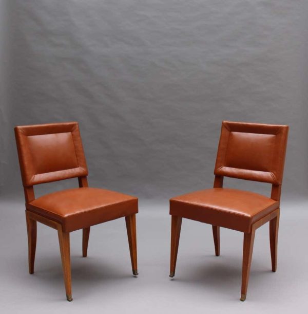 Rare Set of 10 Leather and Mahogany Chairs by Jacques Quinet - Image 5