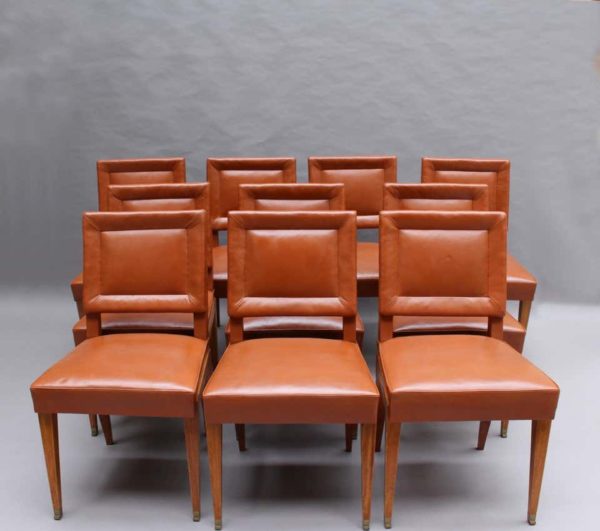 Rare Set of 10 Leather and Mahogany Chairs by Jacques Quinet - Image 2