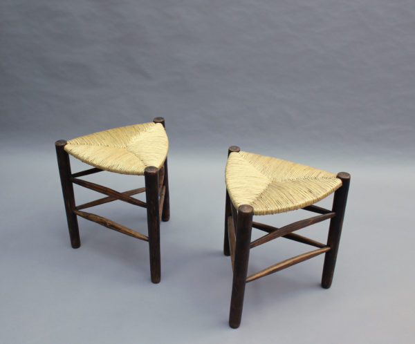 A Pair of French Mid-Century triangular stools with rush seats - Image 2