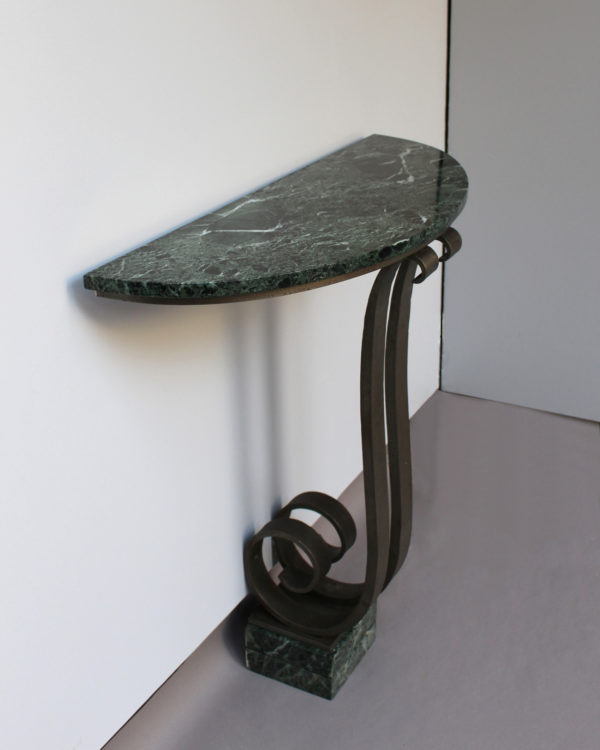 French Art Deco Marble Console with a Hammered wrought Iron Pedestal - Image 2