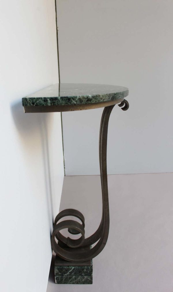 French Art Deco Marble Console with a Hammered wrought Iron Pedestal - Image 4