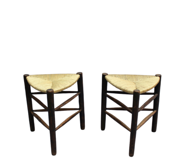 A Pair of French Mid-Century triangular stools with rush seats