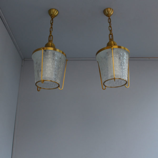 A Pair of Hanging Bronze and "craquelé" glass Lanterns by Jean Perzel - Image 2