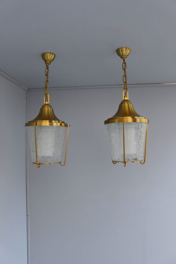 A Pair of Hanging Bronze and "craquelé" glass Lanterns by Jean Perzel - Image 12