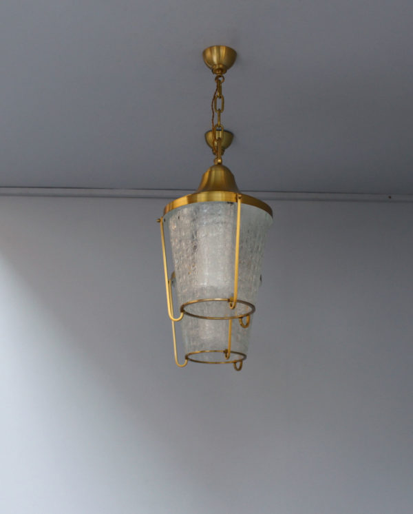 A Pair of Hanging Bronze and "craquelé" glass Lanterns by Jean Perzel - Image 3