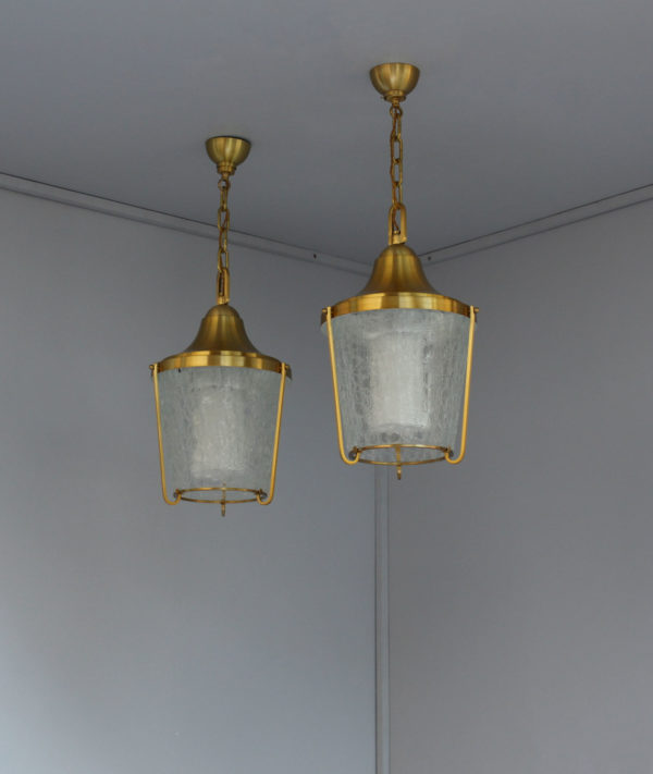 A Pair of Hanging Bronze and "craquelé" glass Lanterns by Jean Perzel - Image 4