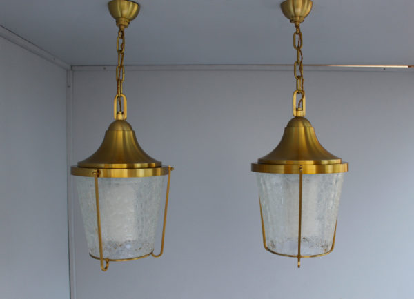 A Pair of Hanging Bronze and "craquelé" glass Lanterns by Jean Perzel - Image 5