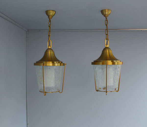 A Pair of Hanging Bronze and "craquelé" glass Lanterns by Jean Perzel - Image 7