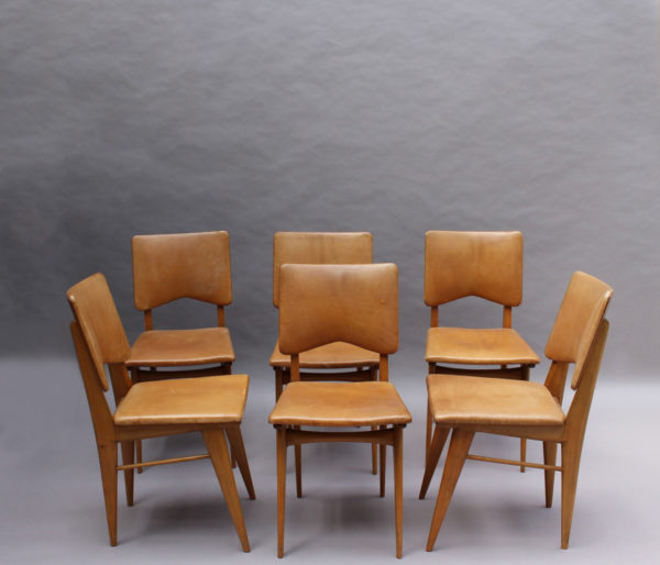 Set of 6 French 1950s Cherry and Leather Chairs by Jean Souvrain - Image 17