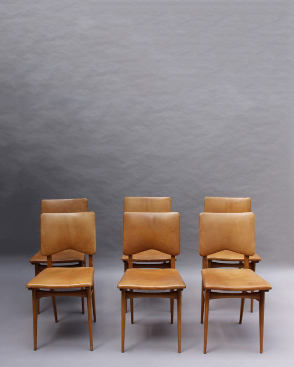 Set of 6 French 1950s Cherry and Leather Chairs by Jean Souvrain - Image 2