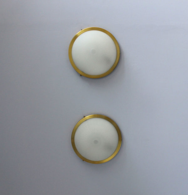 Pair of Fine French Art Deco Round Glass and Brass Flush Mount by Perzel - Image 2