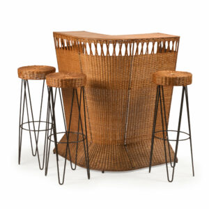 French Mid-Century Rattan Bar and 3 Matching Stools