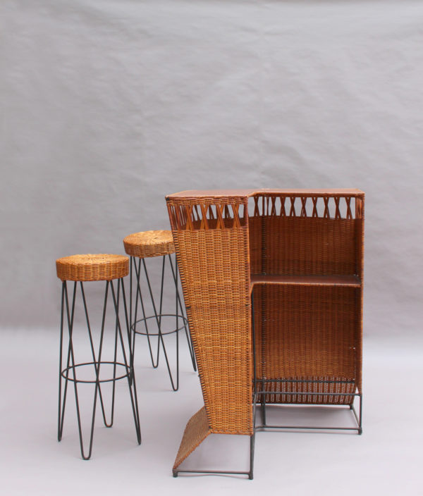 French Mid-Century Rattan Bar and 3 Matching Stools - Image 5