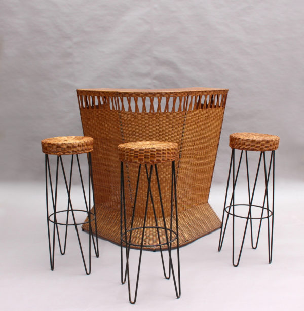 French Mid-Century Rattan Bar and 3 Matching Stools - Image 2