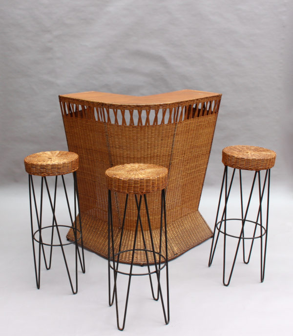 French Mid-Century Rattan Bar and 3 Matching Stools - Image 3