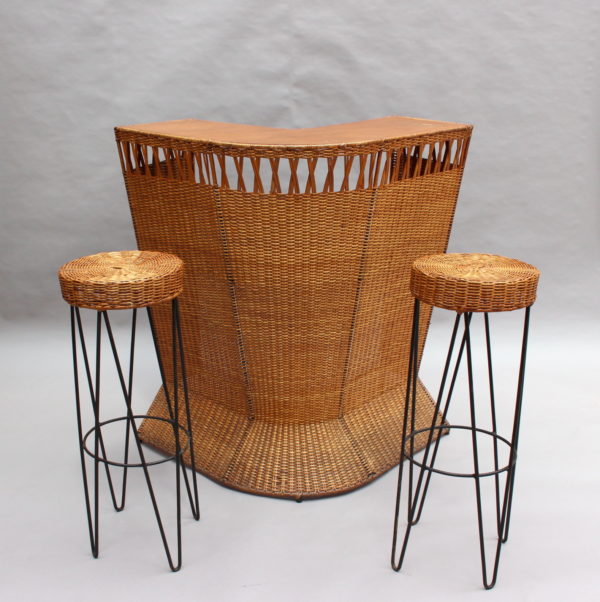 French Mid-Century Rattan Bar and 3 Matching Stools - Image 4