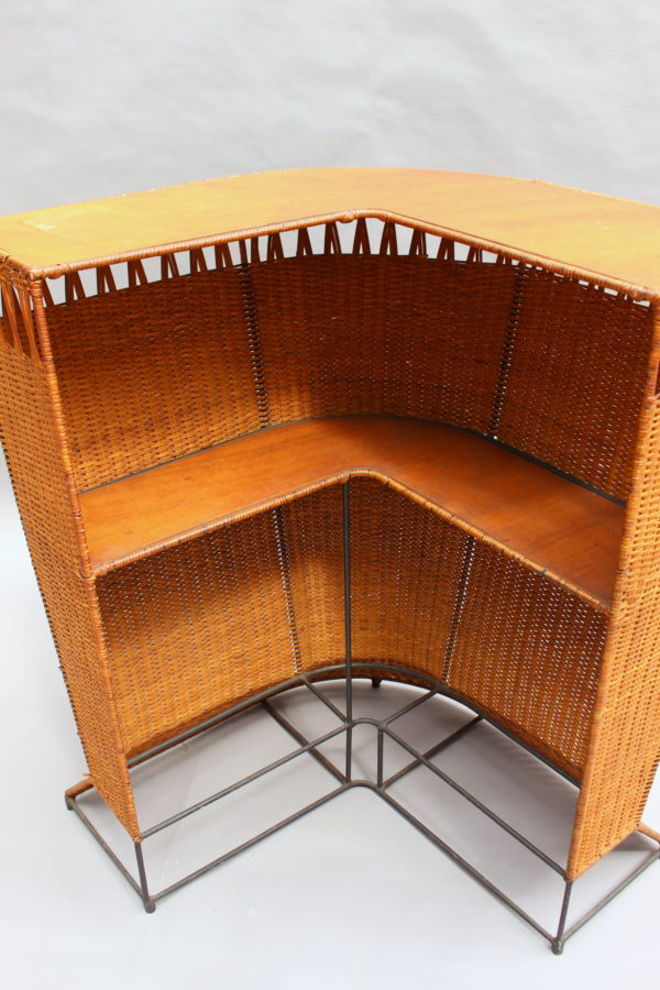 French Mid-Century Rattan Bar and 3 Matching Stools - Image 9