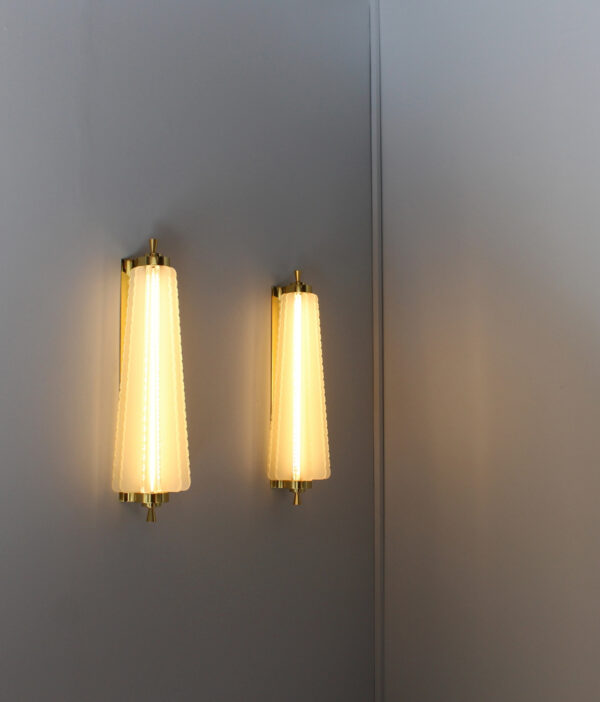 Pair of Fine French Art Deco Glass and Brass Sconces by Pierre Disderot - Image 5