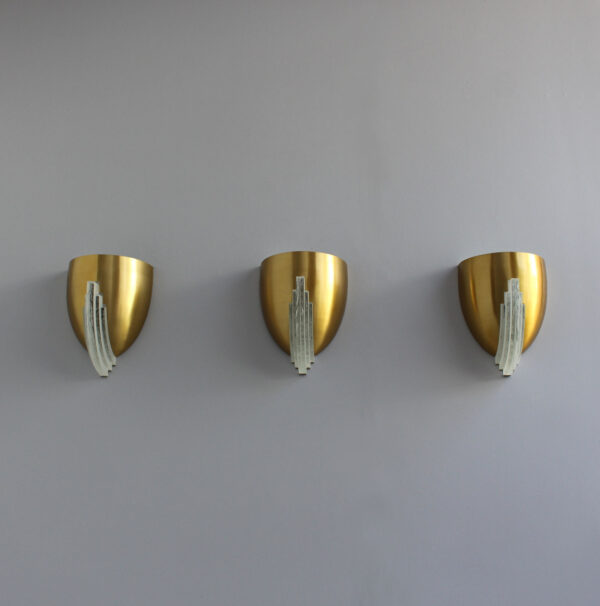 3 Fine French Art Deco Bronze and Crystal Clear Glass Sconces by Jean Perzel - Image 4