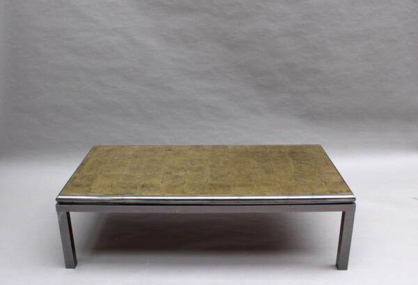 Fine French 1970s Eglomise Glass Top Coffee Table with a Patinated Metal Frame - Image 2