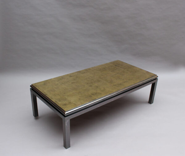 Fine French 1970s Eglomise Glass Top Coffee Table with a Patinated Metal Frame - Image 5