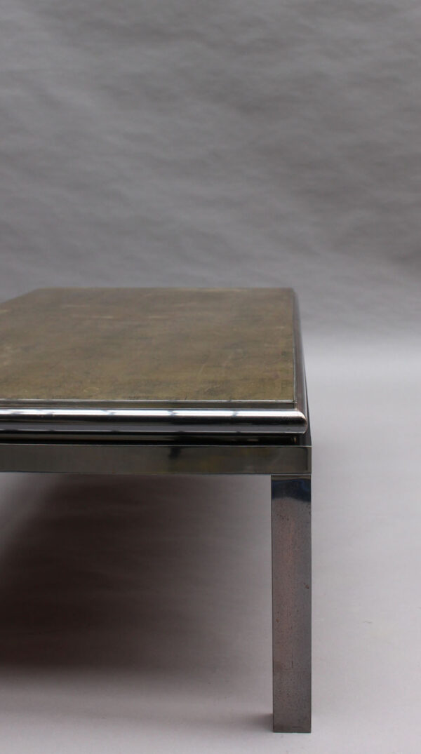 Fine French 1970s Eglomise Glass Top Coffee Table with a Patinated Metal Frame - Image 11