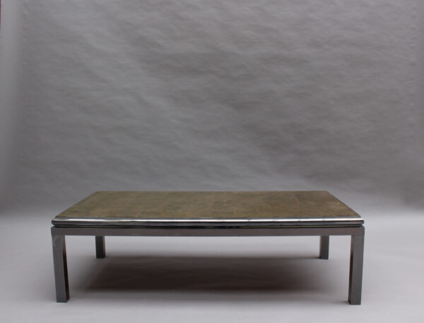 Fine French 1970s Eglomise Glass Top Coffee Table with a Patinated Metal Frame - Image 3