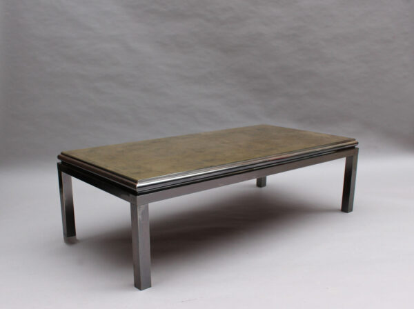 Fine French 1970s Eglomise Glass Top Coffee Table with a Patinated Metal Frame - Image 4