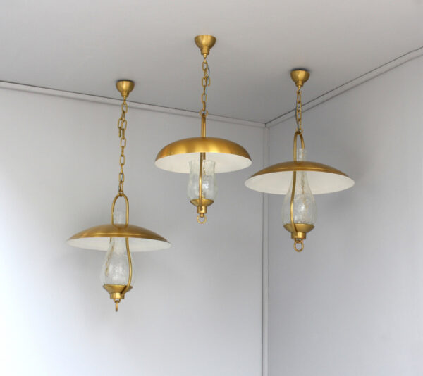 3 Fine French Bronze and "Craquelé" Glass Hanging Lanterns by Jean Perzel - Image 2