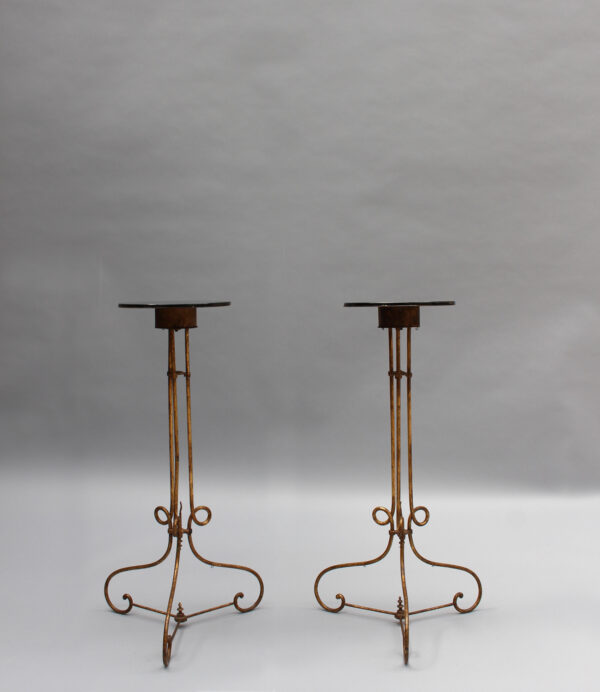 Pair of Fine French 1940s Wrought Iron and Black Opaline Pedestal Stands - Image 2