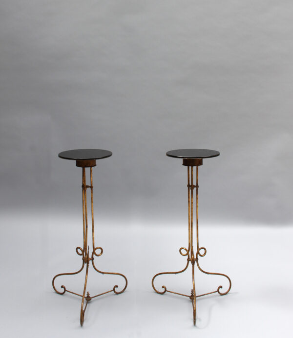 Pair of Fine French 1940s Wrought Iron and Black Opaline Pedestal Stands - Image 3