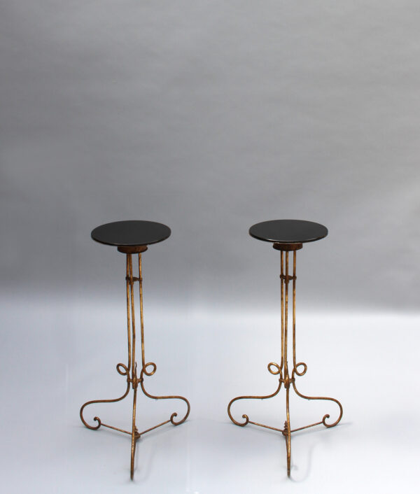 Pair of Fine French 1940s Wrought Iron and Black Opaline Pedestal Stands - Image 4