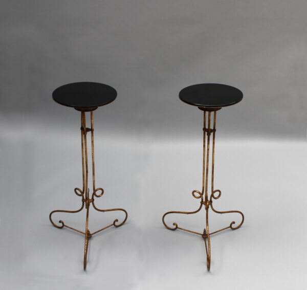 Pair of Fine French 1940s Wrought Iron and Black Opaline Pedestal Stands - Image 5