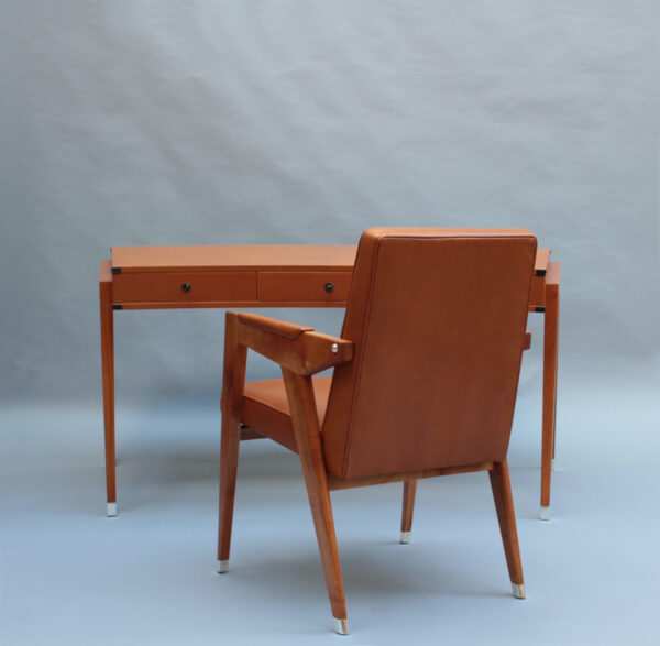 Fine French 1950s Leather Covered Desk and Chairs by Jacques Adnet - Image 3