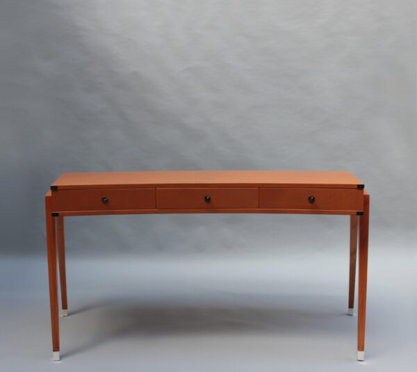 Fine French 1950s Leather Covered Desk and Chairs by Jacques Adnet - Image 4