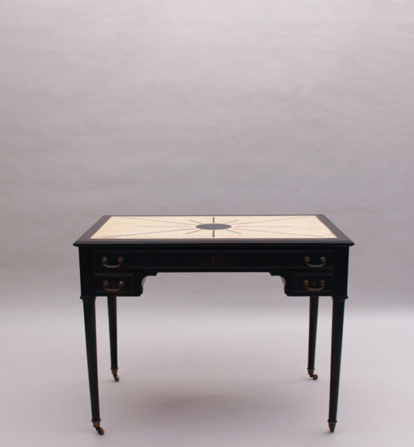 Fine French Blackened Wood Desk with an Off White Lacquered Top with Inlays - Image 6