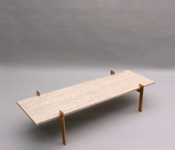 Fine French 1960s Brass and Travertine Coffee Table - Image 9