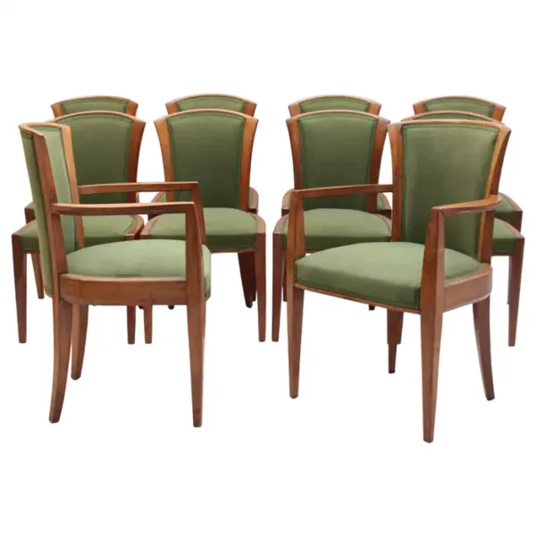 Set of 10 Fine French Art Deco Walnut Chairs by Dominique (8 Side and 2 Arm)