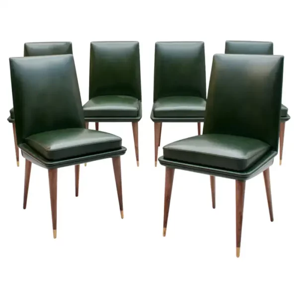 Set of 6 Fine French 1950s Leather-upholstered Dining Chairs