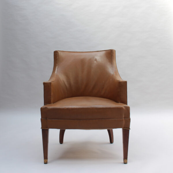 Fine French 1950s Mahogany and Leather Armchair by Jacques Quinet - Image 2