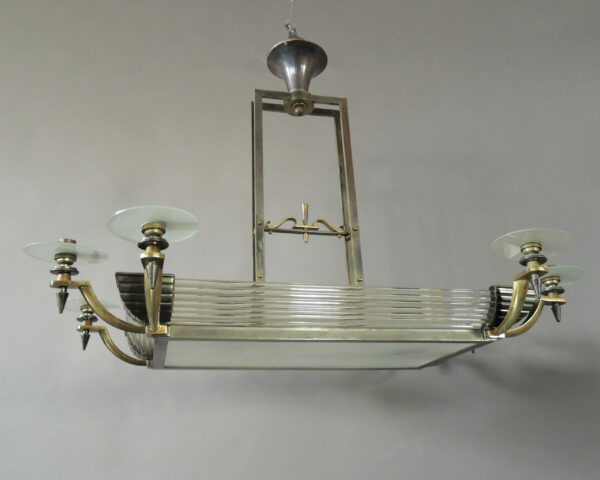 Fine French Art Deco Brass and Glass Chandelier by Petitot - Image 3