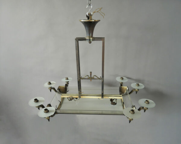 Fine French Art Deco Brass and Glass Chandelier by Petitot - Image 4