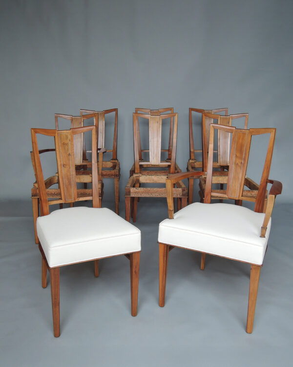 Set of 8 Fine French Art Deco Walnut Chairs by Dominique (6 Side and 2 Arm) - Image 2