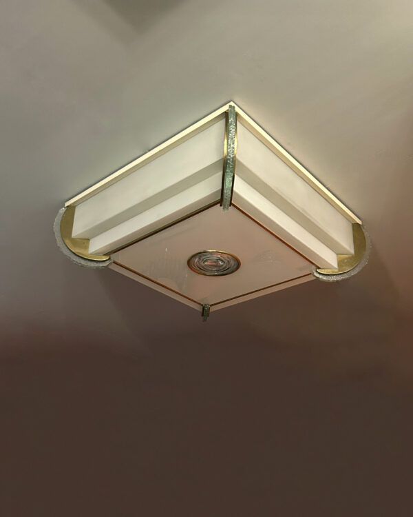 2 Fine French Art Deco Glass and Bronze Square Flush Mounts by Jean Perzel - Image 4