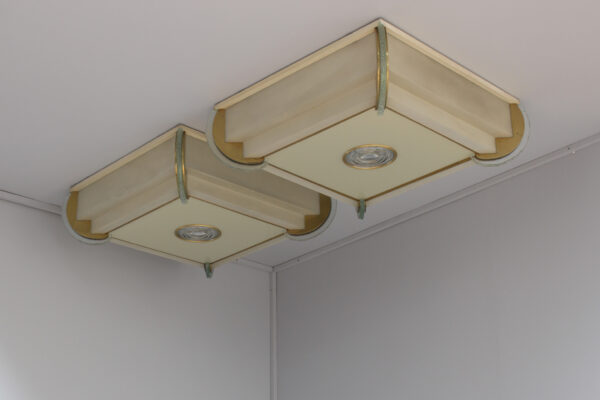 2 Fine French Art Deco Glass and Bronze Square Flush Mounts by Jean Perzel