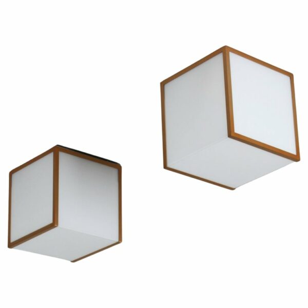 2 Fine French 1970s Cubical Glass and Brass Flush Mounts by Perzel