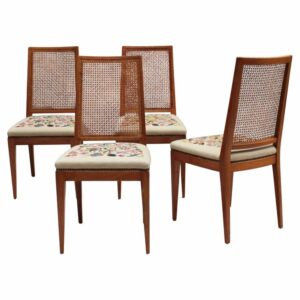 4 Fine French 1940s Cherry, Cane and Tapestry Side Chairs