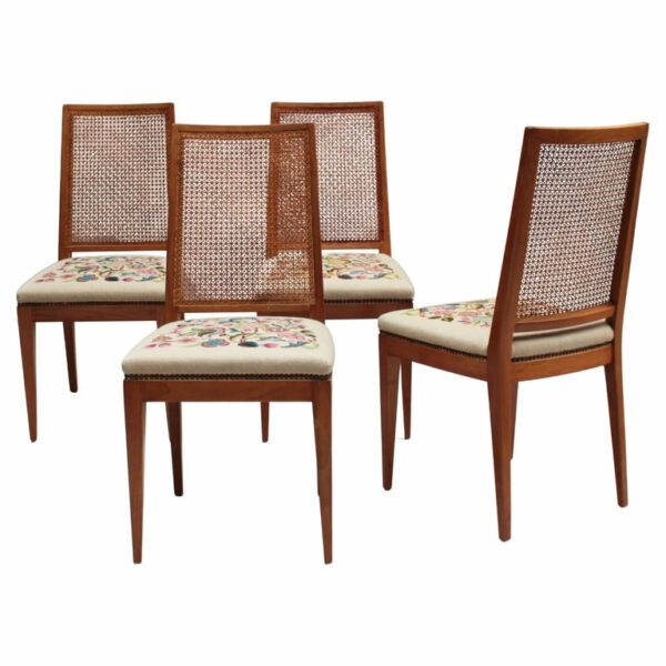 4 Fine French 1940s Cherry, Cane and Tapestry Side Chairs